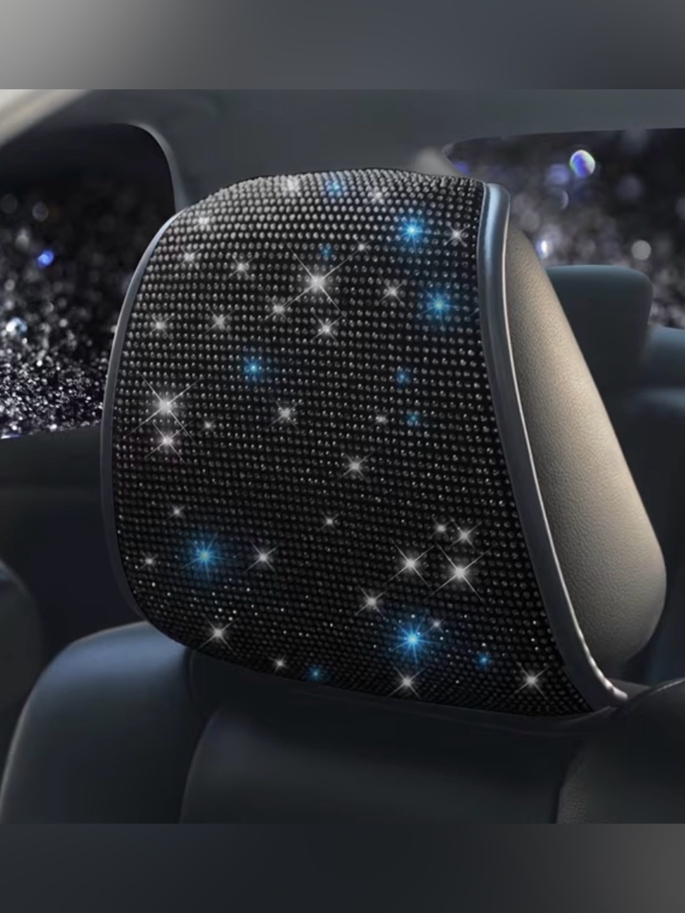 New - Black Crystal Rhinestone Car Headrest Cover set